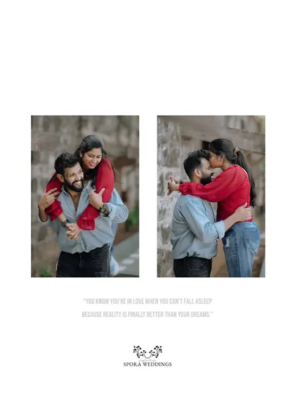 A diptych of the couple's playful and intimate moments, from a piggyback ride to a gentle kiss.