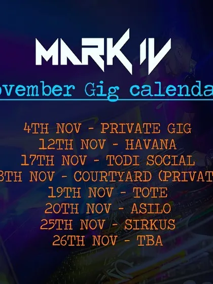 A gig calendar from a busy month, showing a mix of private gigs and public club nights at venues like Todi Social, Asilo, and Sirkus. This demonstrates my high demand and versatility across different event types.