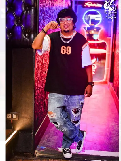 A full-length shot of me at The Boozy Griffin, representing the hip-hop side of my sets. I believe a good DJ is all you need to bring a hip-hop party to life.