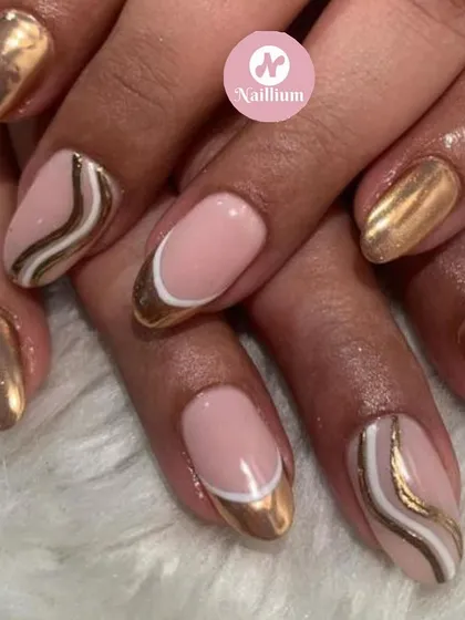 A bold and glamorous set for a wedding guest, featuring gold chrome, white accents, and abstract gold waves.