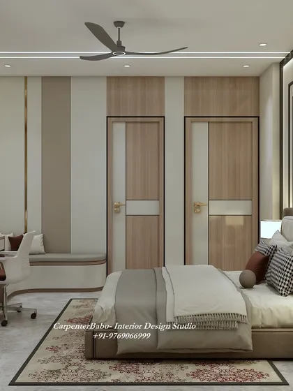 This angle shows the two doors and the window seat, demonstrating how the design uses vertical stripes to create a sense of height and cohesion.