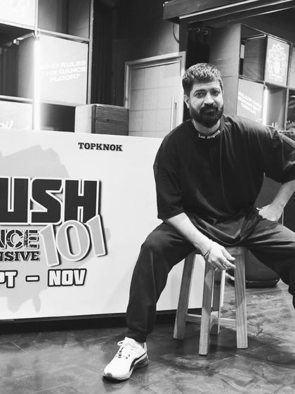 A black and white portrait from the 'Rush 101' dance intensive event.