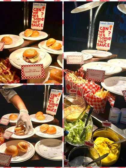 A four-panel image displaying the full burger bar setup. It shows the assembly line of fresh buns, the condiment station, and a chef preparing a plate, giving a comprehensive view of the guest experience.