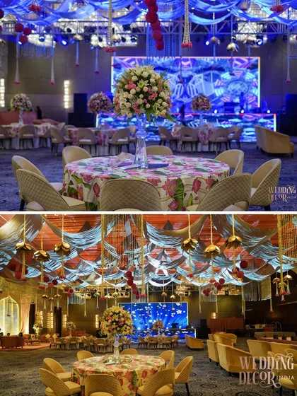 A composite image showing two different lighting schemes for the same elegant engagement setup. It demonstrates how lighting can completely transform the mood of the event, from a soft daytime feel to a dramatic evening look.