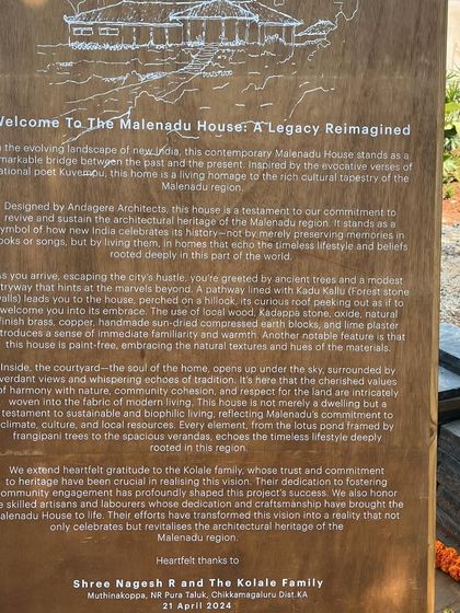 The project dedication plaque for the Malenadu House, which I designed as a testament to our commitment to reviving the architectural heritage of the region.