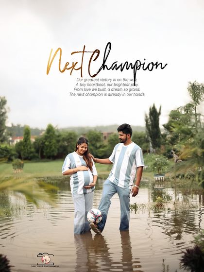 Announcing the 'Next Champion'! This creative outdoor shot features the couple in matching jerseys, with the dad-to-be balancing a football on his foot next to the baby bump.