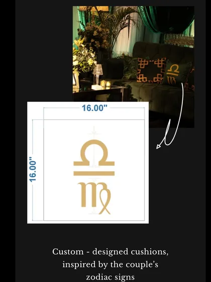 A small but meaningful detail. We designed custom cushions inspired by the couple's zodiac signs (Libra and Virgo). This image shows the design file next to the final product on the lounge sofa.