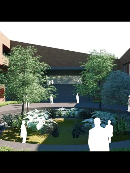 A rendering of the central courtyard in our first Nagpur Museum concept. This space, with its sunken garden and seating, was envisioned as a hub for community events and gatherings.