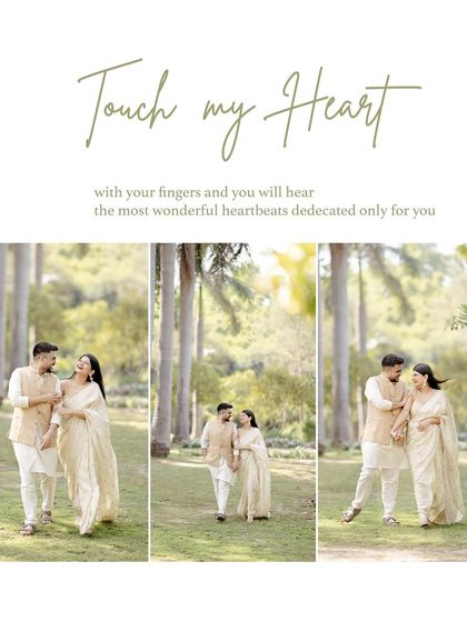 A beautiful collage of a couple walking through a sun-drenched park. The coordinated beige and white outfits complement the natural surroundings, creating a soft and romantic series of images.