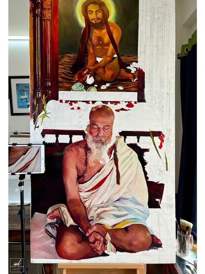 A work-in-progress shot of the large commissioned oil painting. You can see the lower figure is almost complete, while the upper sections are still being developed.