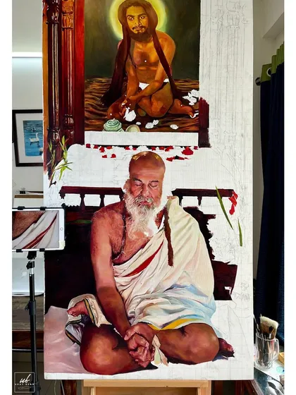 An early stage of the commissioned oil painting, showing the figure blocked in and the background still unpainted. This gives a sense of the planning and layering involved in a large canvas.