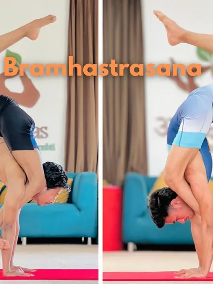 The Bramhastrasana is a complex standing arm balance that combines flexibility and strength. Here you can see two variations, showing the progression we work on.