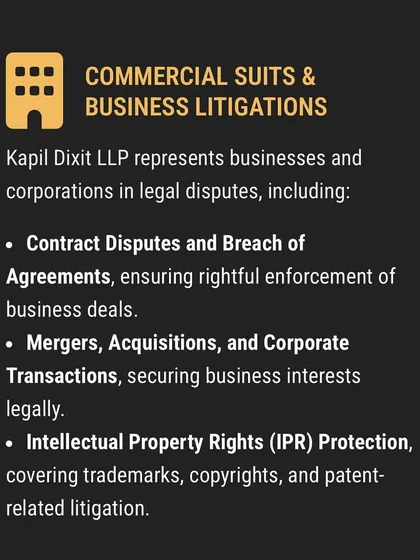 My firm represents businesses in a wide range of commercial suits and litigations. This includes handling contract disputes, providing legal oversight for mergers and acquisitions, and protecting your intellectual property rights through litigation.