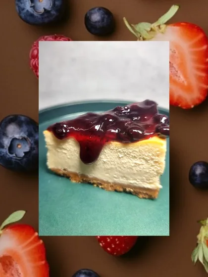 Another look at our NYC-Style Cheesecake with blueberry topping, set against a backdrop of fresh berries. Every slice is a celebration of classic flavors.