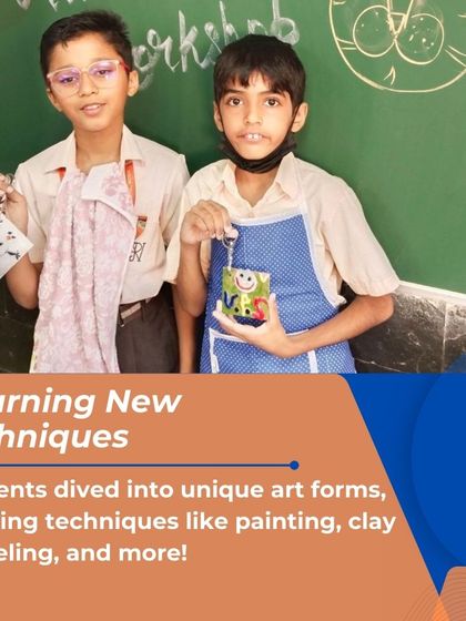 Students dived into unique art forms, learning techniques like painting and clay modeling. Here, two students proudly display the keychains they crafted during the hands-on Pidilite workshop.