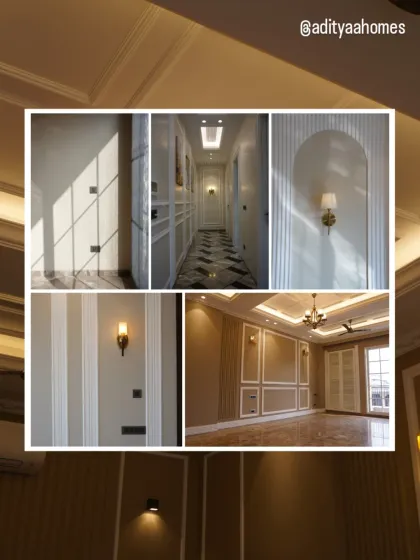 This collage captures the essence of our interior design. It highlights the play of natural light, the elegance of our hallways, the beauty of our wall sconces, and the grandeur of our living spaces.