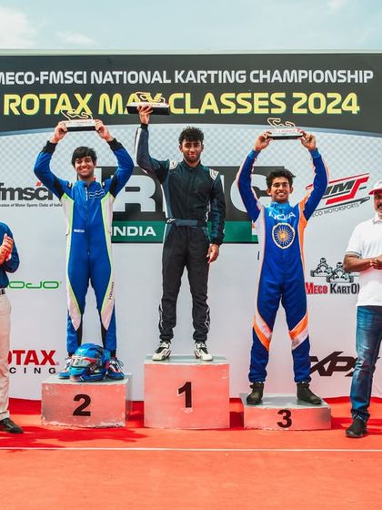 The Senior Max podium winners at Round 3 of the 2024 National Karting Championship in Coimbatore.