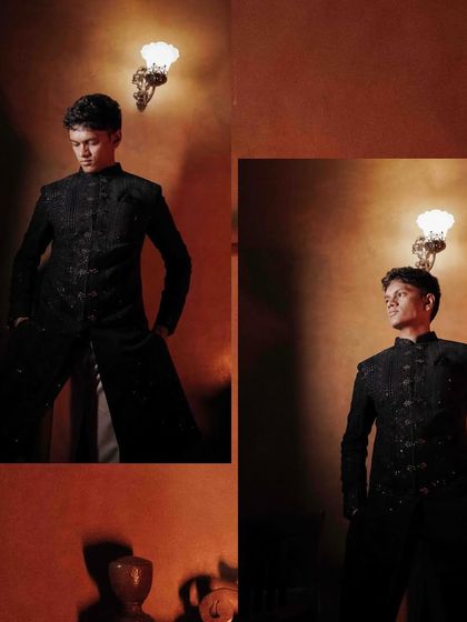 A collage of the groom in his dark sherwani, showing different poses in a warmly lit, moody setting.