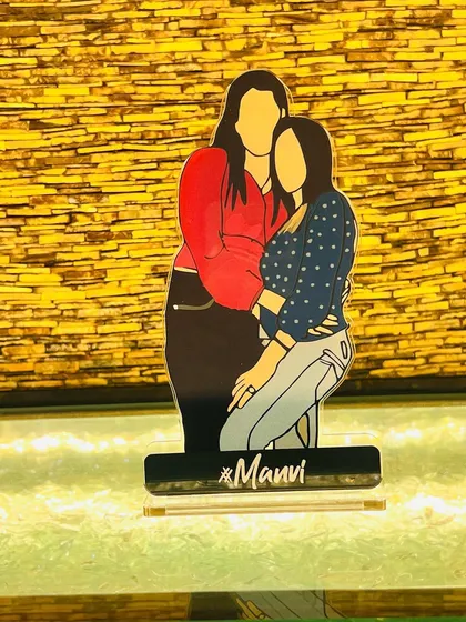 A full view of the custom illustrated standee, showing the sleek black base and the vibrant colors of the artwork. It's a perfect gift to celebrate friendship and sisterhood.