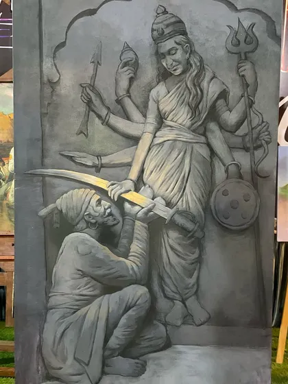 A large acrylic painting recreating Padma Shree Vinayak Karmarkar's sculpture of Aai Bhavani presenting a sword to Chhatrapati Shivaji Maharaj. This piece connects my art to our rich Maharashtrian history and heritage.