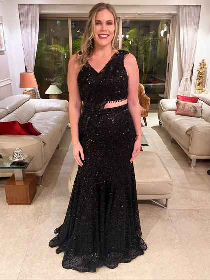 My stunning American client Erica, ready for a sangeet party in a glamorous black sequin saree.