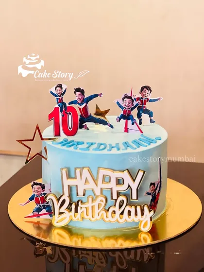 A fun birthday cake featuring characters from the popular show 'Shiva'. This cake is perfect for young fans of the action-packed cartoon series.