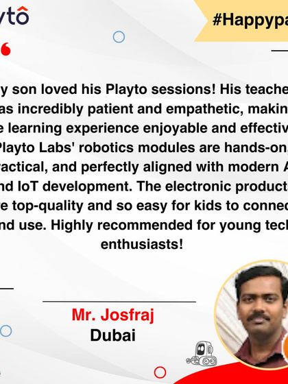 A parent from Dubai praises our patient and empathetic teachers who make learning enjoyable. He loves that our modules are hands-on, practical, and aligned with modern AI and IoT development.
