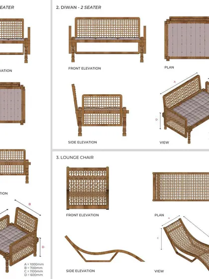 These are the technical drawings for my Nannilam collection, where I explore the structural potential of Lantana camara. This project transforms an invasive weed into functional, beautiful furniture like diwans and lounge chairs, creating a model for commercially viable, eco-positive design.