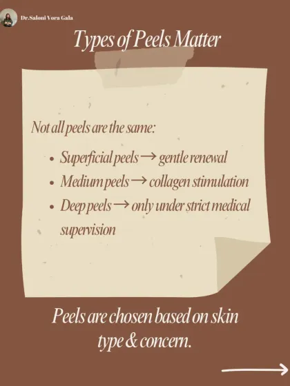 The type of peel matters. Not all peels are the same. I choose between superficial, medium, and deep peels based on your specific skin type and concern, ensuring a customized and safe treatment.
