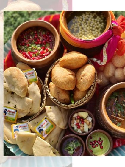 A vibrant and colourful Indian platter perfect for festivals. This "Chatpata Platter" includes chole bhature, golgappe, and other street food favourites.