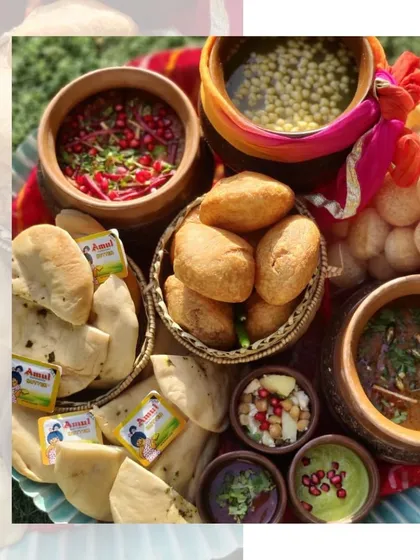 A vibrant platter of Indian street food favorites. This colorful assortment includes chole bhature, golgappe, and dahi bhalla, beautifully arranged for a festive house party.