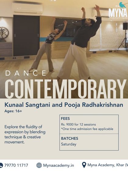This poster details our Contemporary Dance program. We invite you to explore the fluidity of expression by blending technical skill with creative movement, guided by our expert instructors.
