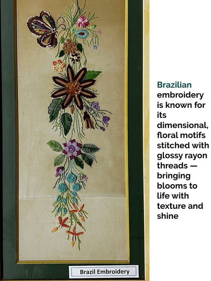 Brazilian embroidery is known for its dimensional, floral motifs. Glossy rayon threads are used to create textured blooms that seem to come to life with texture and shine.