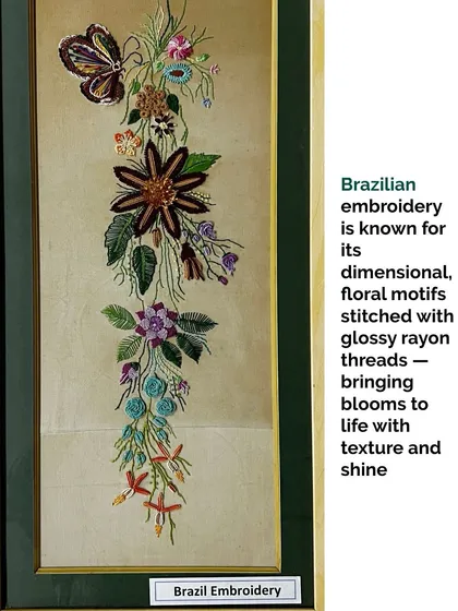 Brazilian embroidery is famous for its dimensional, floral motifs created with glossy rayon threads. This technique brings blooms to life with incredible texture and shine.