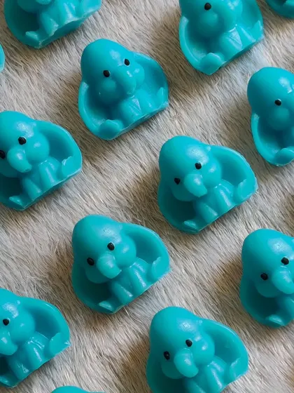 A collection of the cute blue elephant soaps, made with a gentle, tear-free formula.