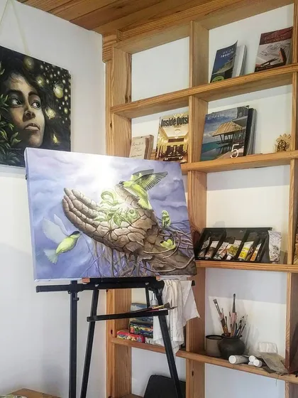 Here is 'Sapling' on the easel in my studio, nearing completion. Seeing the work in its physical space is an important part of my process.