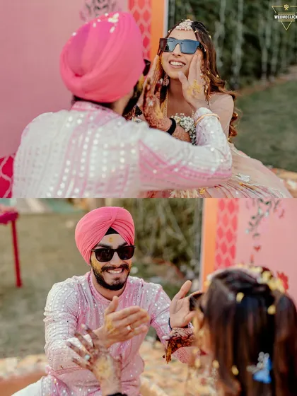 A collage of the couple's playful interactions during their Haldi, capturing their smiles and laughter.