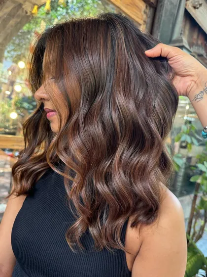A side view of this dark, rich chocolate color. The subtle highlights add movement and a beautiful, healthy shine.
