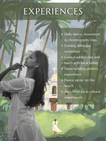 A snapshot of the experiences planned for our Goa retreat. The itinerary includes daily dance classes, evening Abhinaya workshops, a Goan cooking class with a local family, a hand-building pottery session, and a dance picnic on the beach.