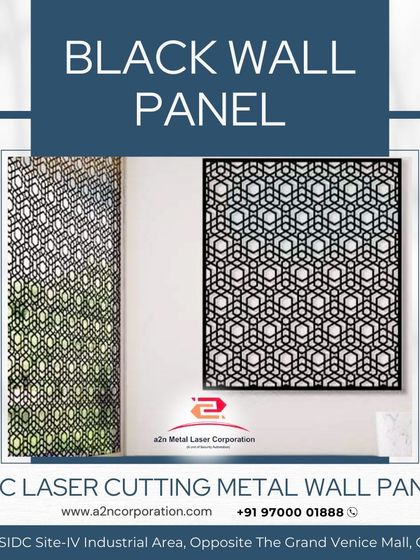 A black metal wall panel with a hexagonal geometric pattern, shown as both a window screen and a wall art piece. The bold color and sharp lines create a strong contemporary statement.