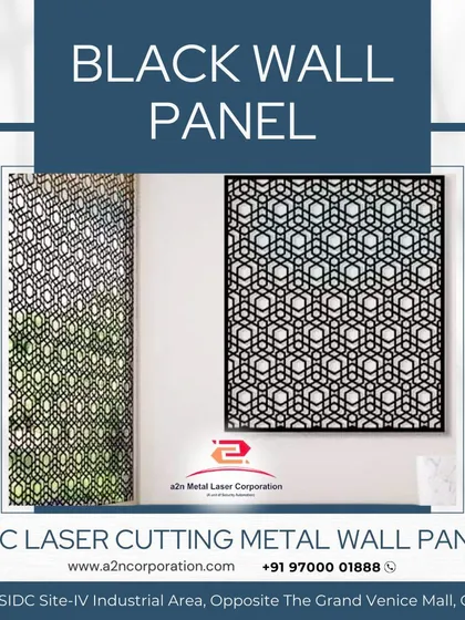 A black CNC laser-cut metal wall panel with a hexagonal geometric pattern. This type of panel adds a bold, contemporary, and graphic element to a space, perfect for creating a high-contrast feature wall.