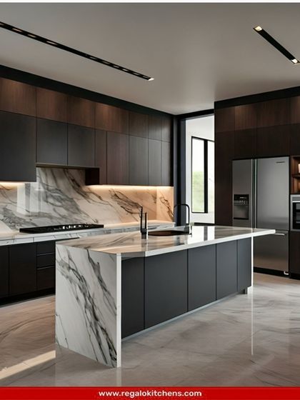 A perfect fusion of classic and contemporary. This island kitchen features dark wood cabinetry paired with a striking black and white marble island. The design offers ample storage and workspace, making it as functional as it is beautiful.