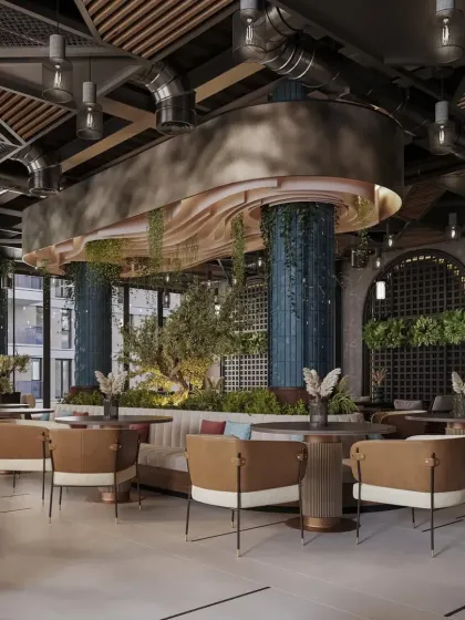 An industrial-chic restaurant design featuring exposed ceiling pipes, hanging greenery, and a mix of leather and fabric seating. The large windows allow for ample natural light, creating an airy and spacious feel.