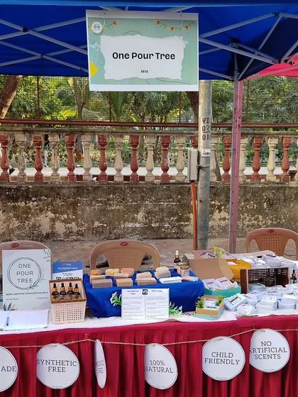My stall setup at StreetKonnect in Thakur Village, Kandivali. The banner with my brand's promises is always front and center.