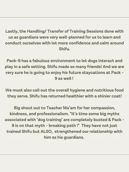 This part of Shifu's testimonial praises our detailed handler transfer sessions and the safe environment for socialization.