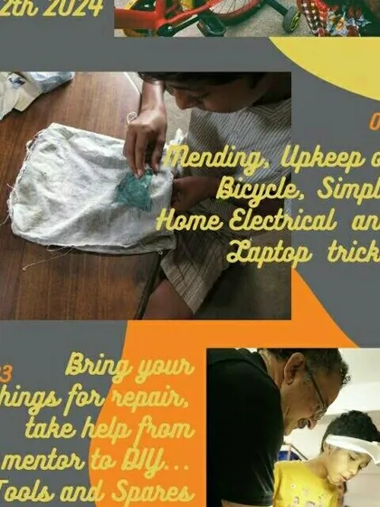 An announcement for our summer repair training in Mumbai. These multi day camps offer a deep dive into skills like mending, bicycle upkeep, and simple home electricals.