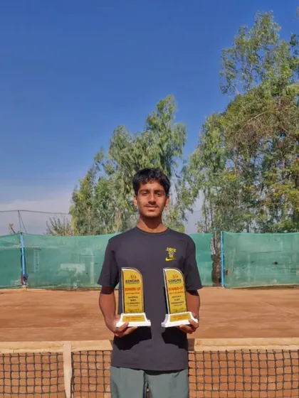 Prateek Sheoran with his runner-up trophies for both Singles and Doubles at the NS16 tournament in Jalandhar, showing great consistency.