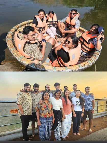 A collage showing a coracle ride and a group photo at sunset point in Hampi. These are the golden hour memories we create.