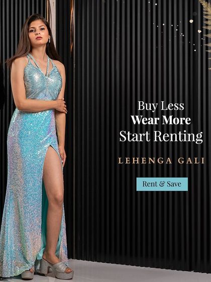 Buy less, wear more by renting. This full-length shot of the iridescent sequin gown with a high slit shows off its glamorous and daring style.