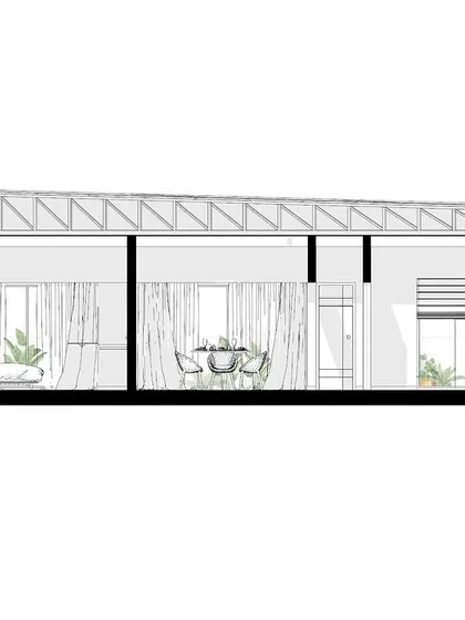 A cross-section drawing of the Soul Spring mock-up unit. This elevation view illustrates the ceiling heights, window placements, and the relationship between the interior spaces, providing a clear understanding of the unit's vertical dimension.